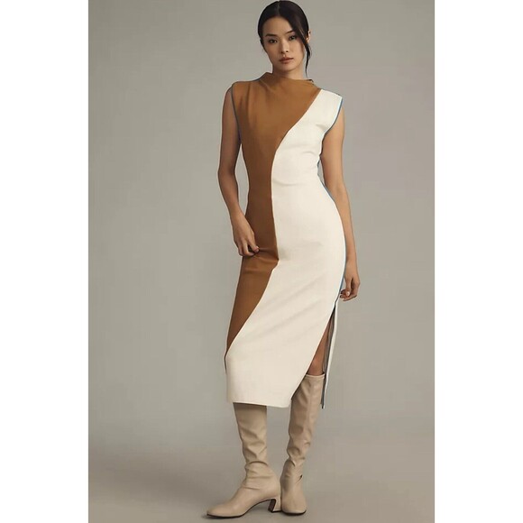 Anthropologie Maeve Midi Dress Muscle Ivory Colorblock Preppy Stretch Sz MP NWT - Picture 1 of 10